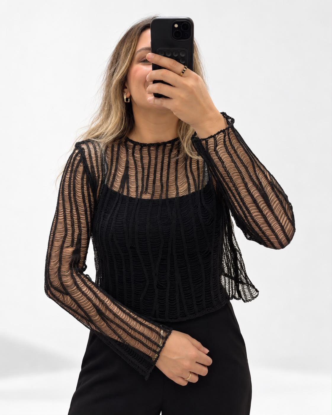 df93a576-a535-4387-a139-5e9d37afef6f Merserize Ajurlu Bluz Siyah - Görsel 1